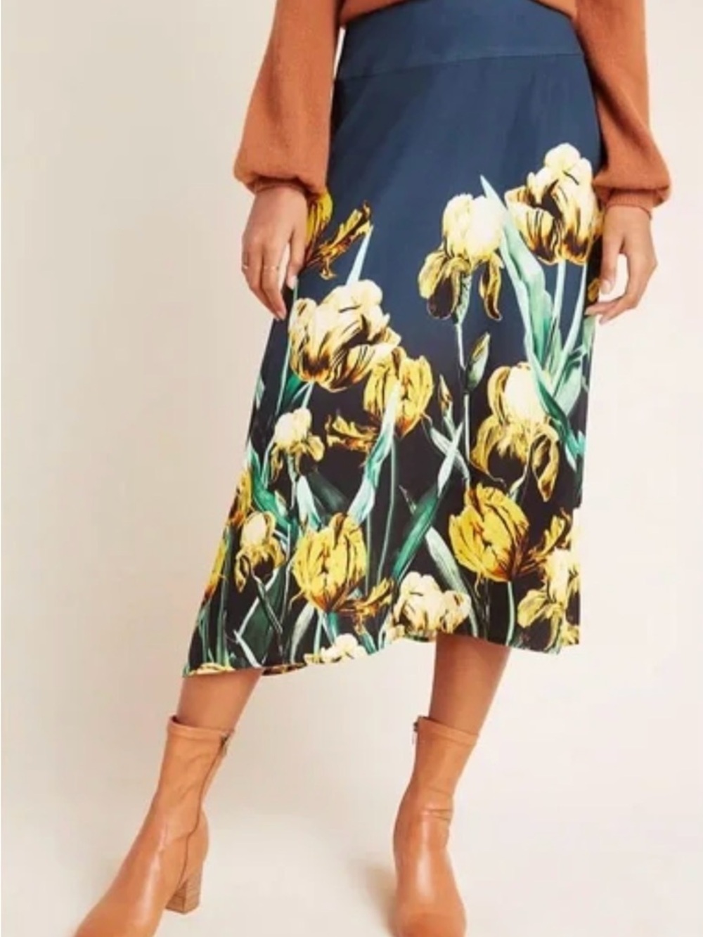 Corey Lynn Calter Midi Cottagecore Skirt with Yellow Floral Tulips Sz L